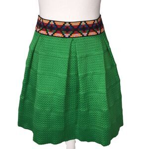 Aina Be Ruffled Skater Skirt Medium Green Aztec Western Stretch Waist Festival